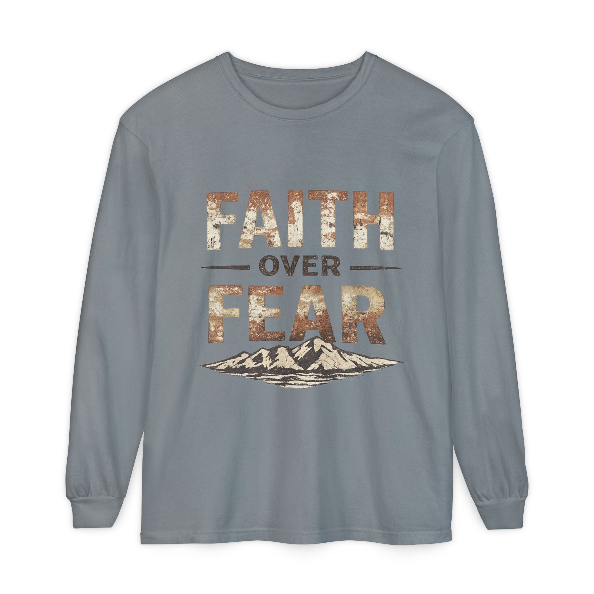 Faith Over Fear Long Sleeve Tee — Inspirational Mountain Graphic