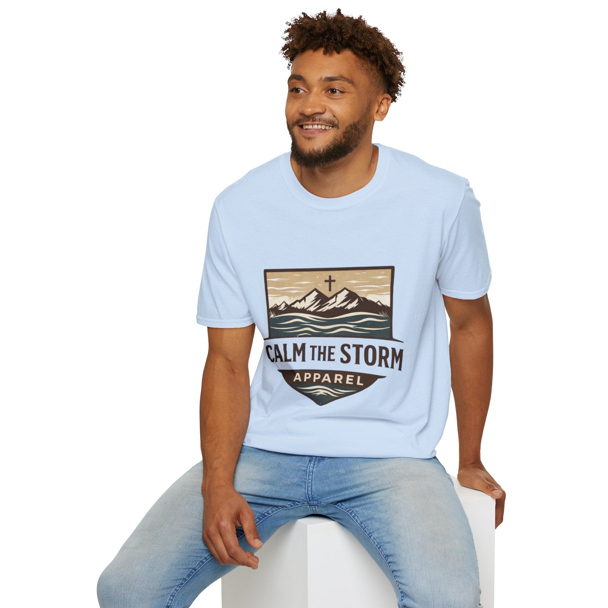 Calm The Storm Mountain Tee — Christian Cross Outdoor Graphic T-Shirt