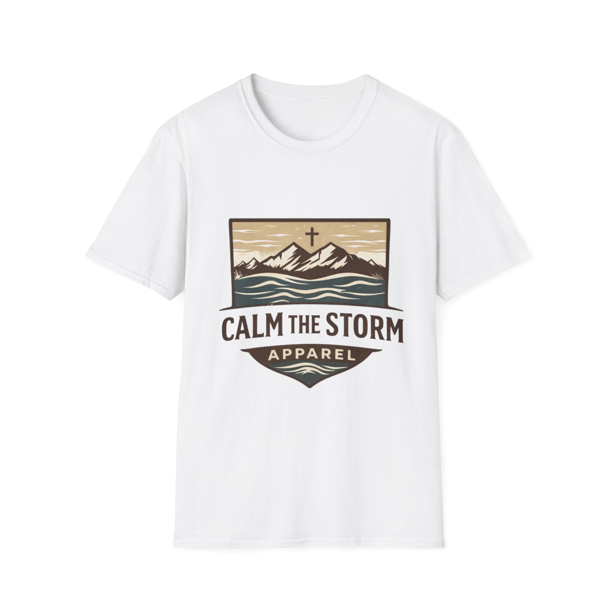 Calm The Storm Mountain Tee — Christian Cross Outdoor Graphic T-Shirt