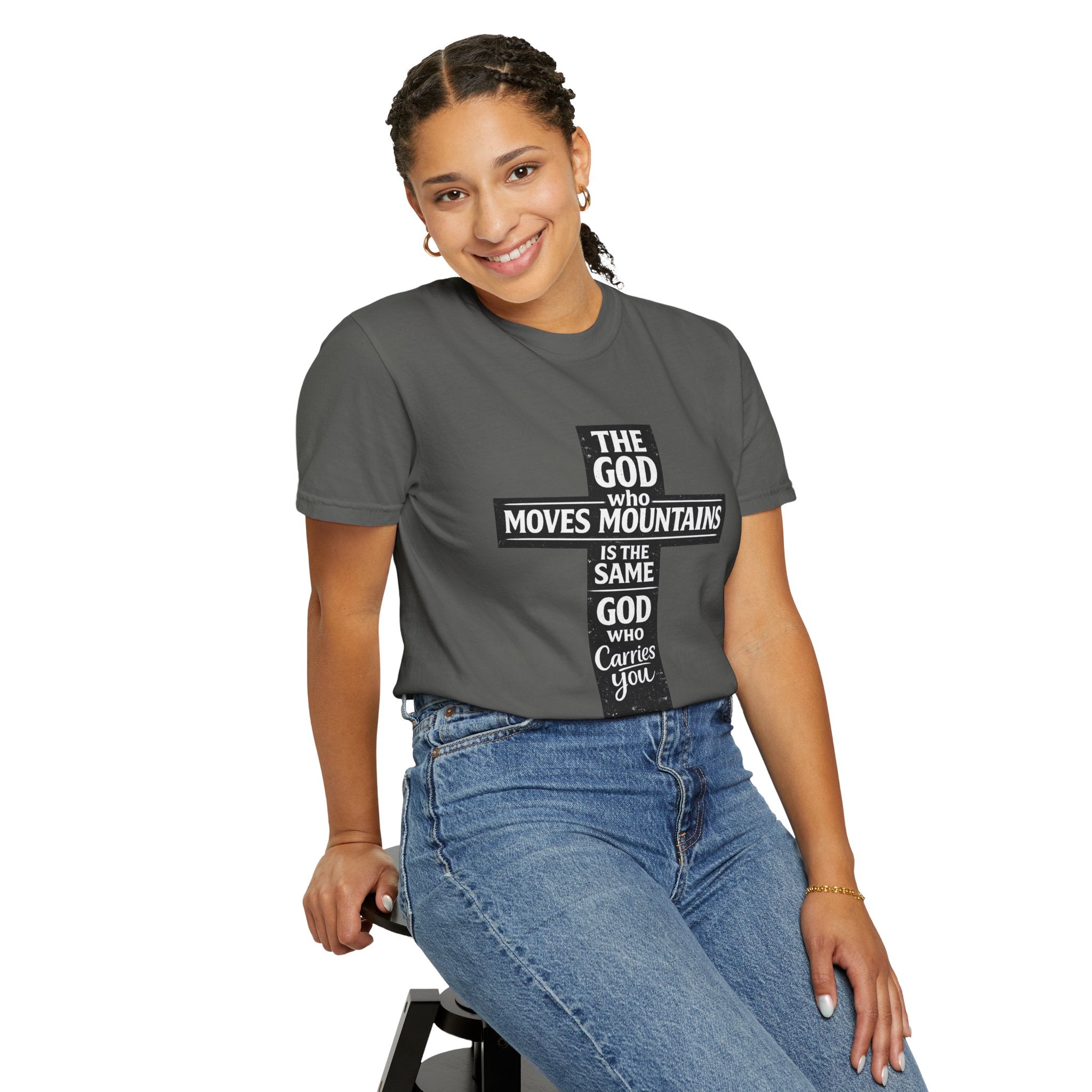Christian Cross T-Shirt — "The God Who Moves Mountains is the Same God Who Carries You" Inspirational Faith Tee