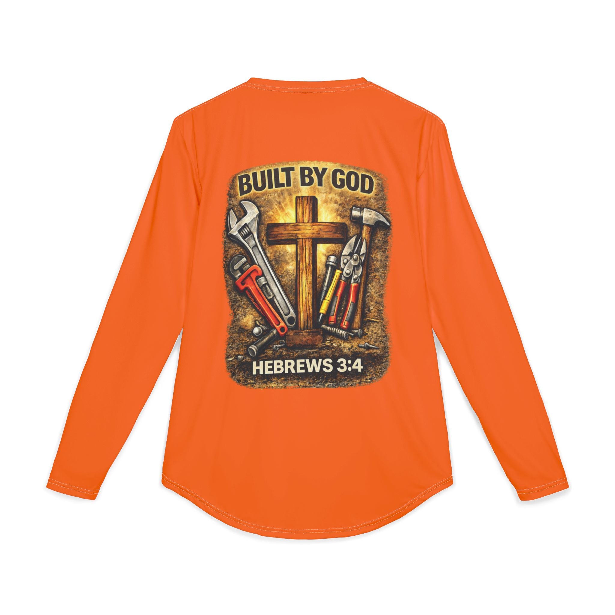 Built by God Work Shirt — Men’s UV Long Sleeve with Cross & Tools (Hebrews 3:4)