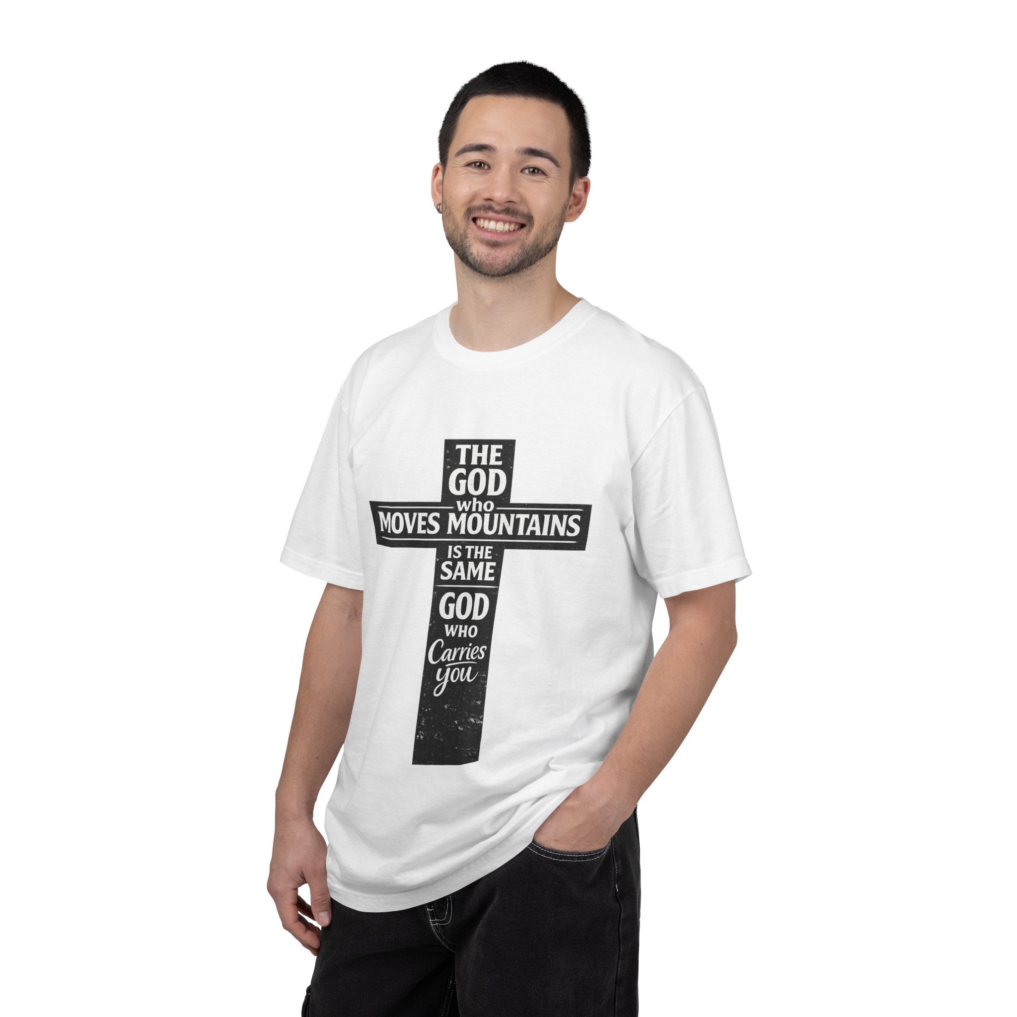 Christian Cross T-Shirt — "The God Who Moves Mountains is the Same God Who Carries You" Inspirational Faith Tee
