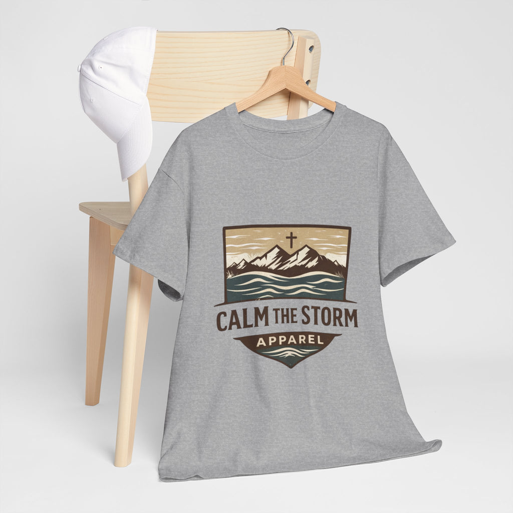 Calm the Storm Graphic Tee — Mountains & Cross Christian Outdoor Shirt