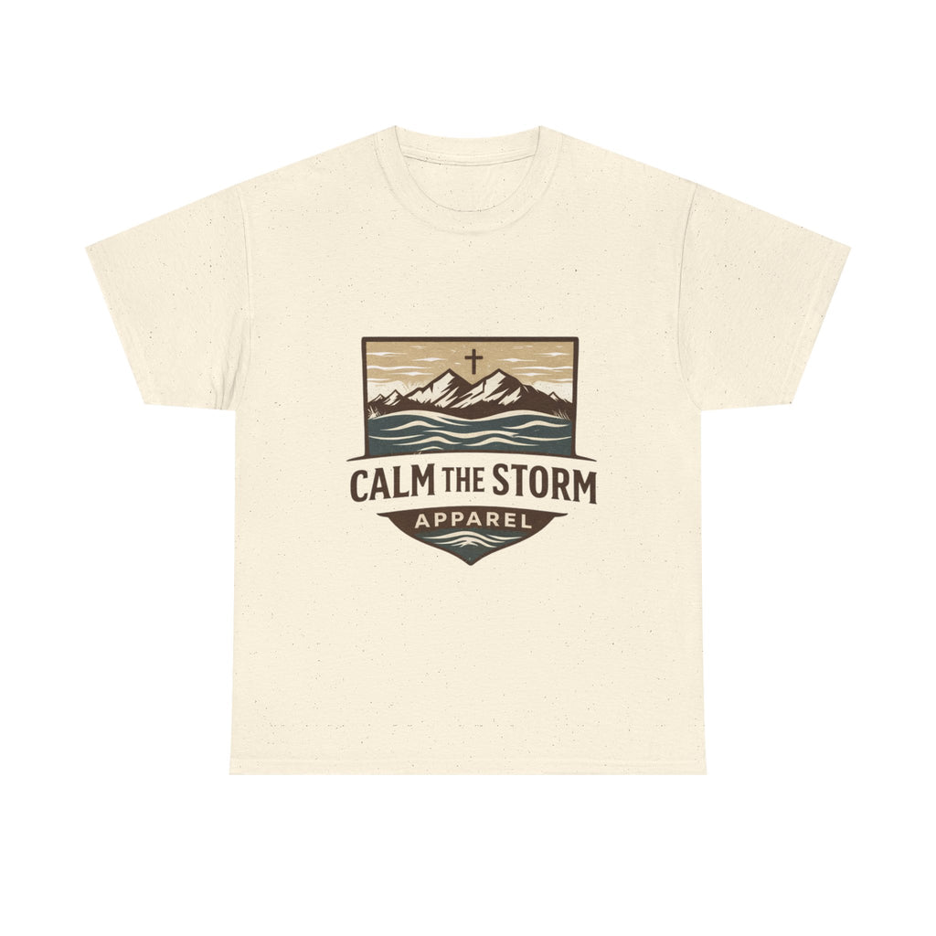 Calm the Storm Graphic Tee — Mountains & Cross Christian Outdoor Shirt