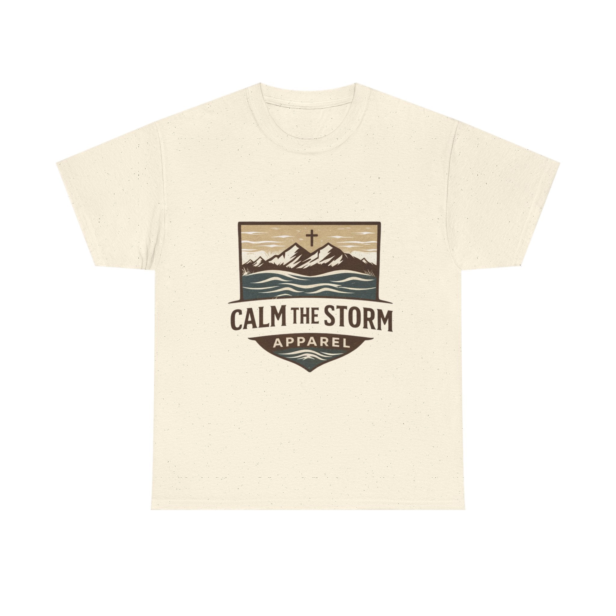 Calm the Storm Graphic Tee — Mountains & Cross Christian Outdoor Shirt
