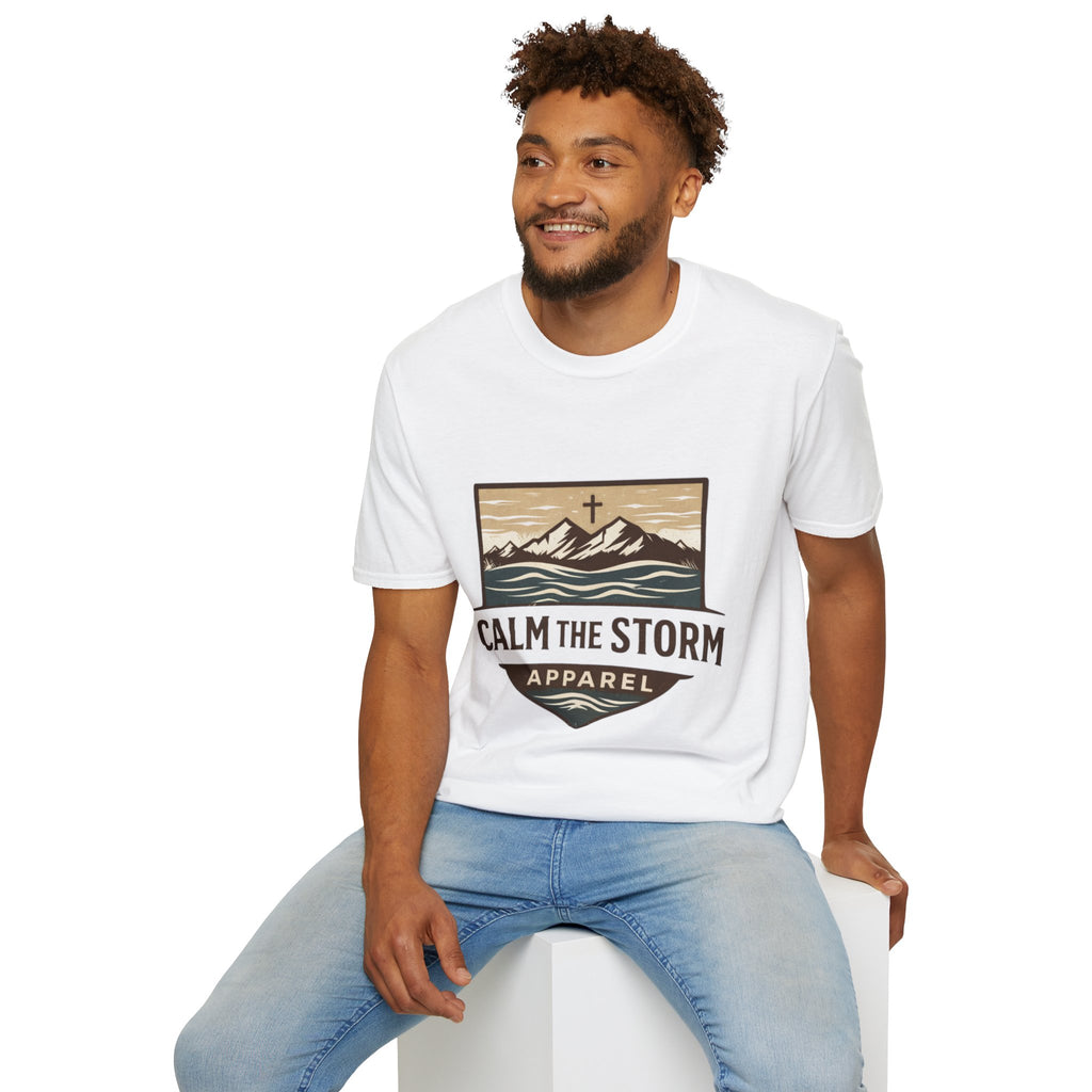 Calm The Storm Mountain Tee — Christian Cross Outdoor Graphic T-Shirt