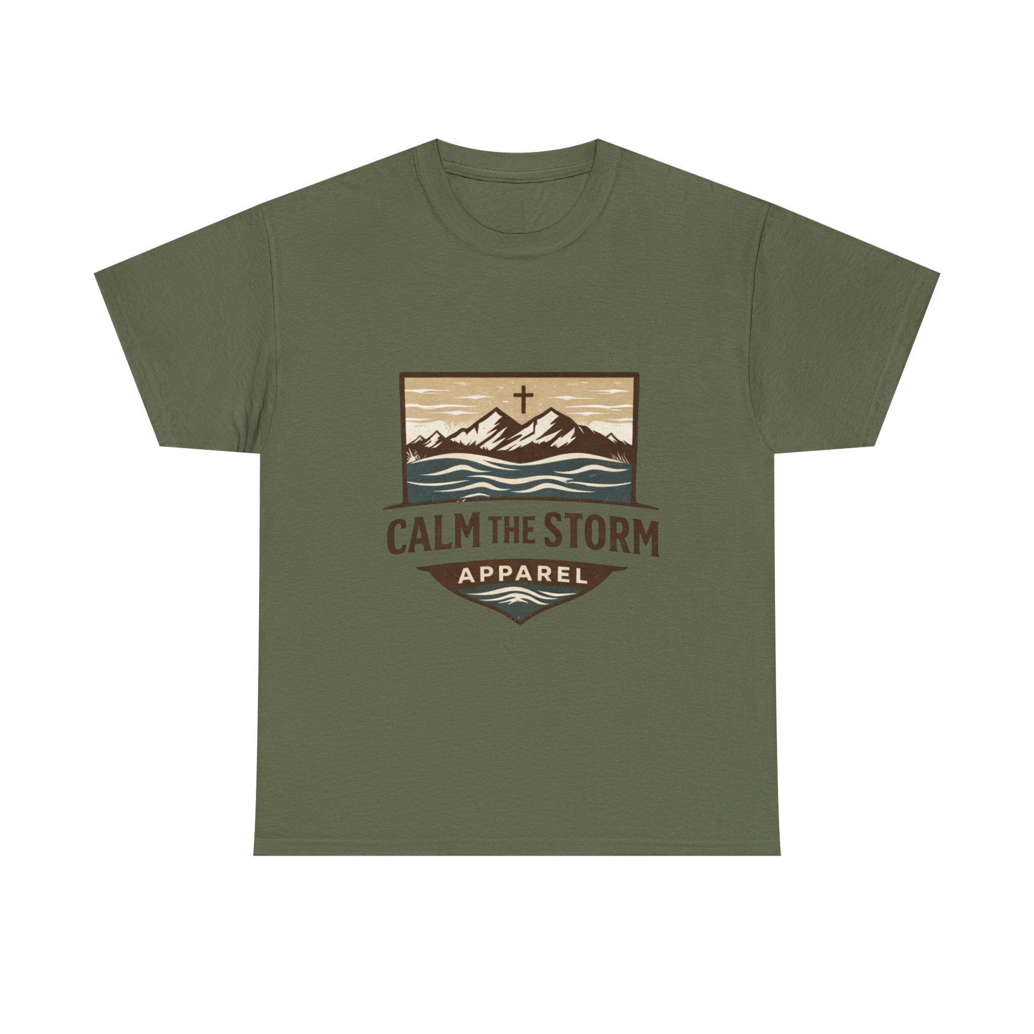 Calm the Storm Graphic Tee — Mountains & Cross Christian Outdoor Shirt