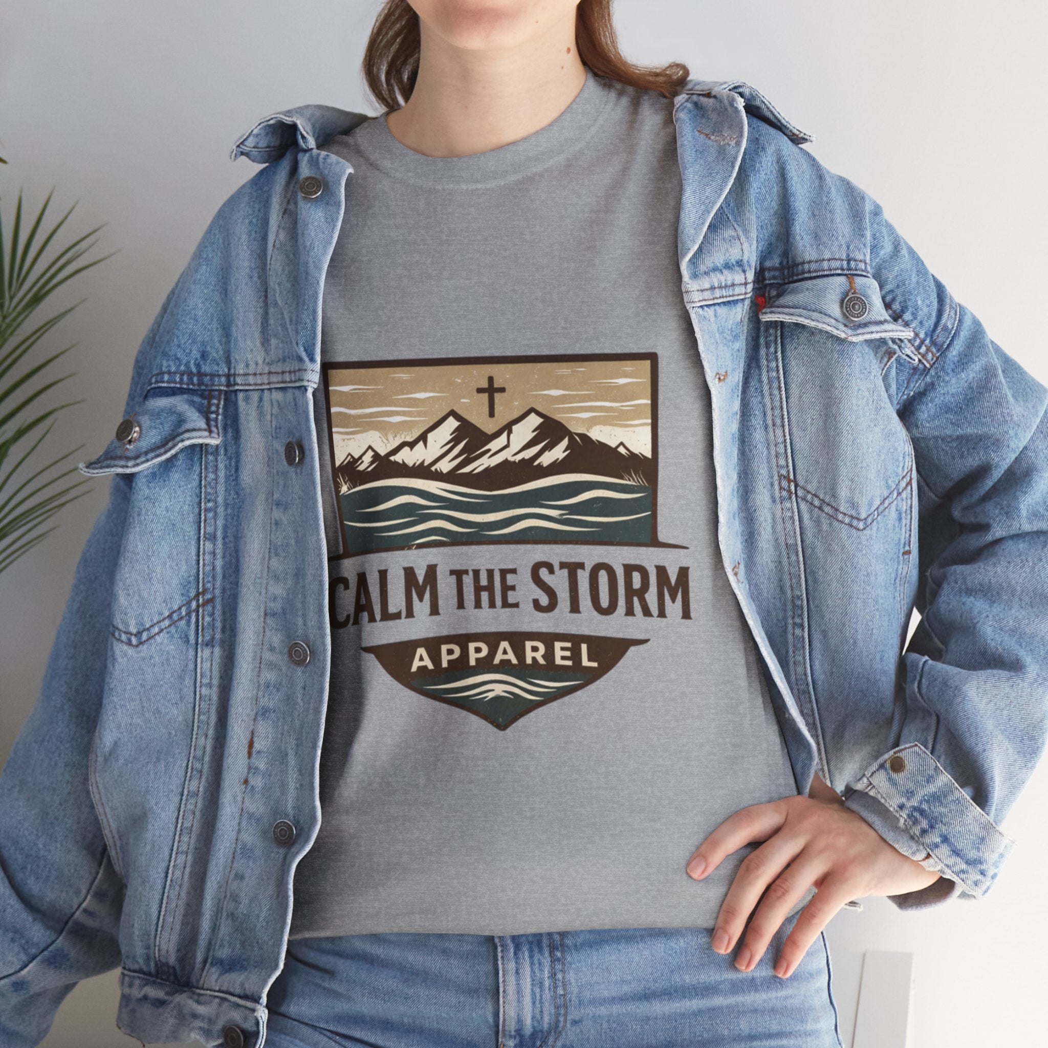 Calm the Storm Graphic Tee — Mountains & Cross Christian Outdoor Shirt