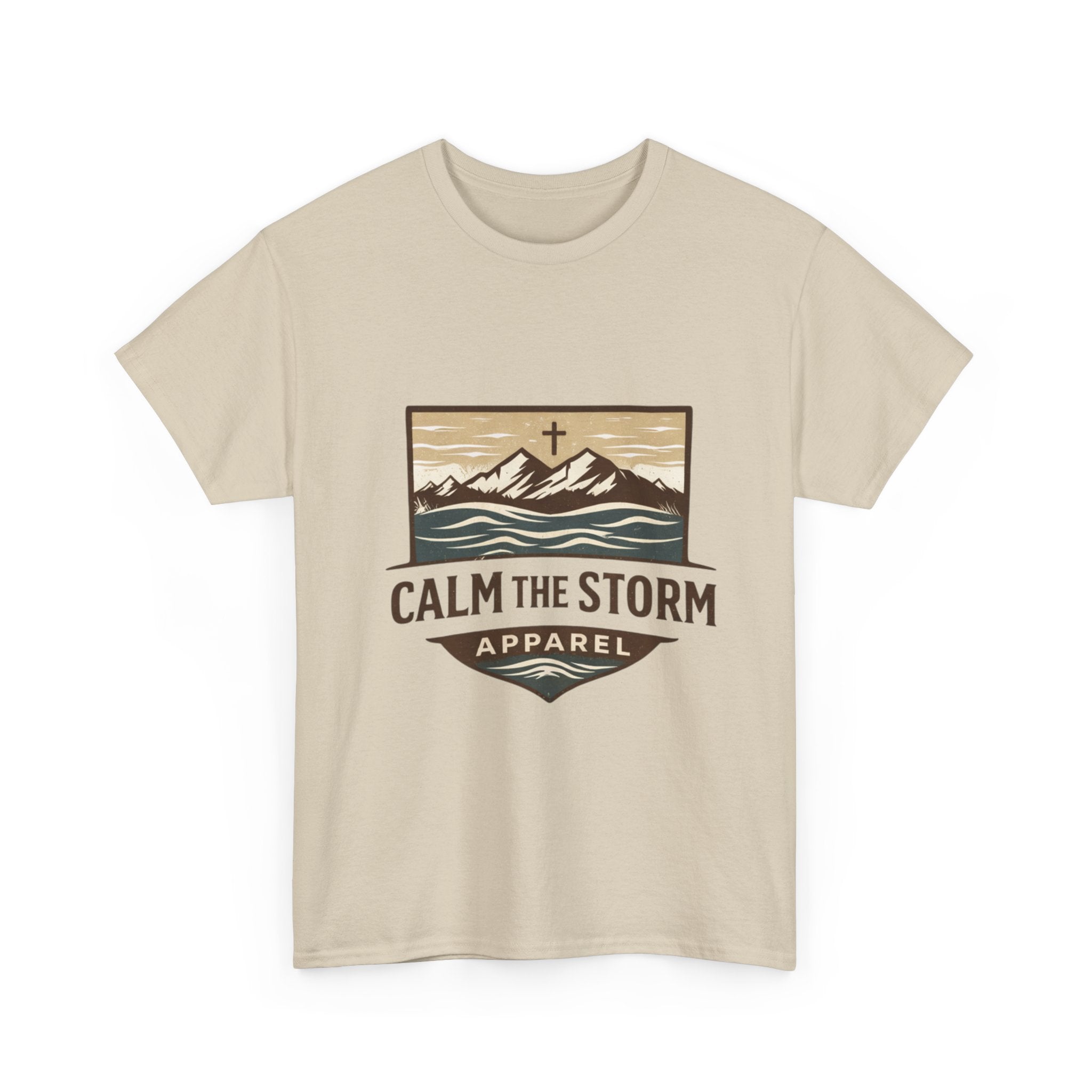 Calm the Storm Graphic Tee — Mountains & Cross Christian Outdoor Shirt