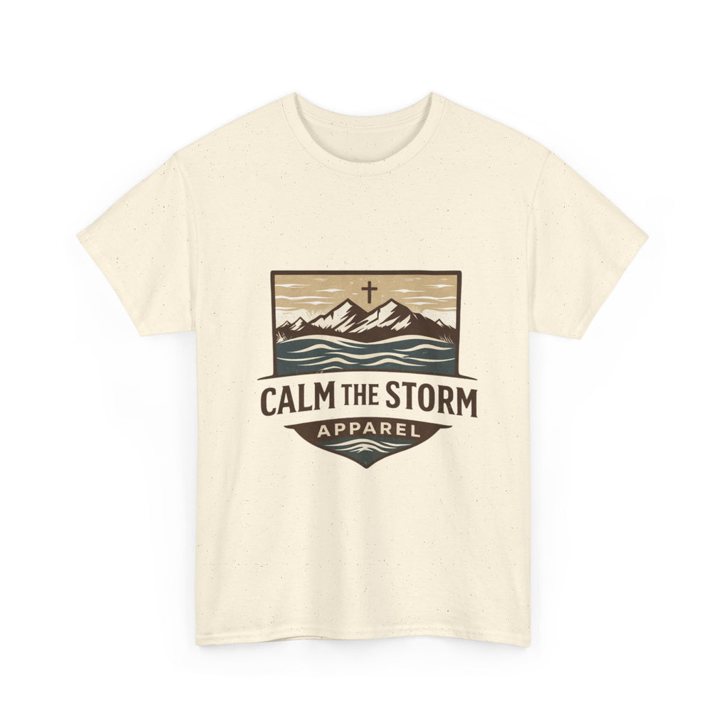 Calm the Storm Graphic Tee — Mountains & Cross Christian Outdoor Shirt