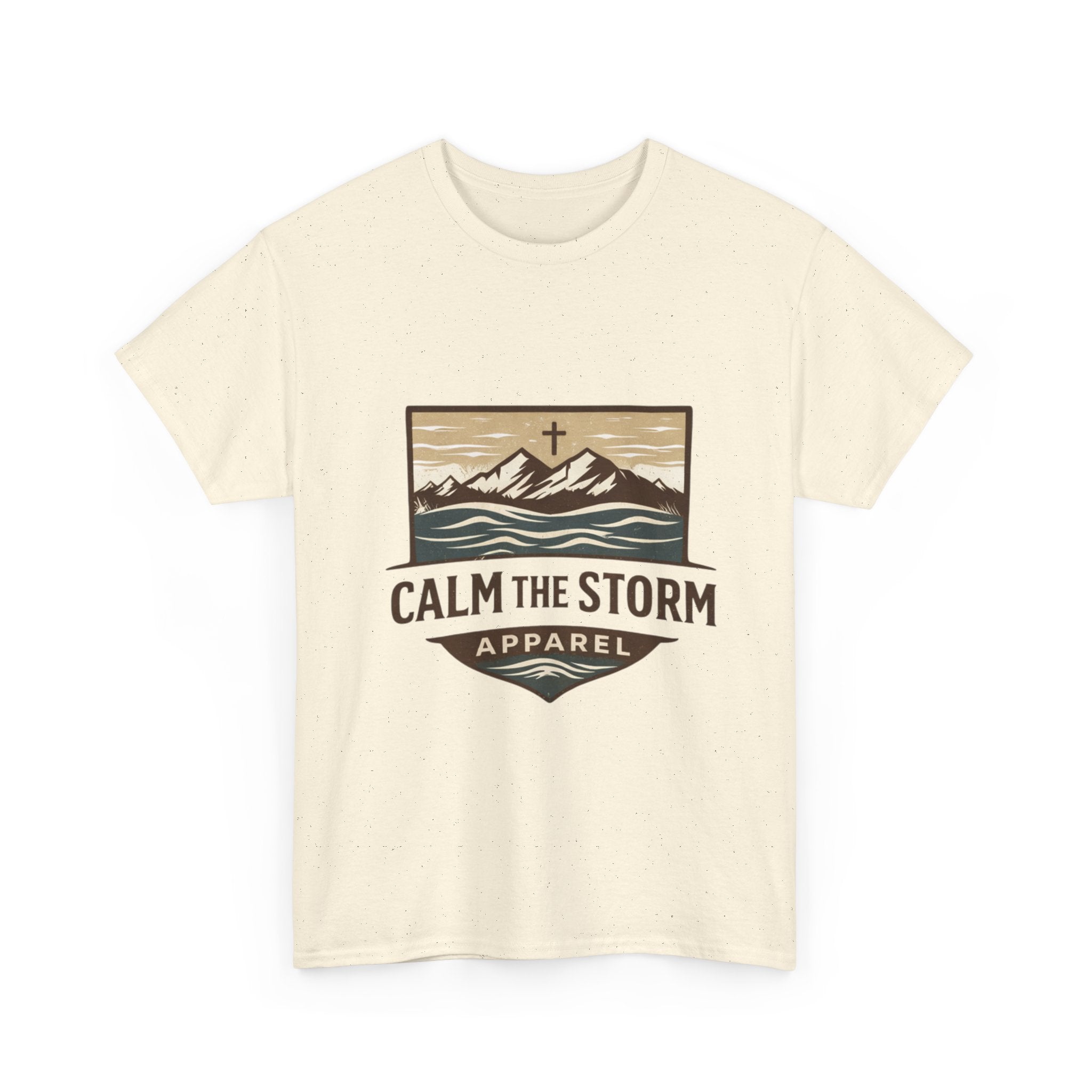 Calm the Storm Graphic Tee — Mountains & Cross Christian Outdoor Shirt