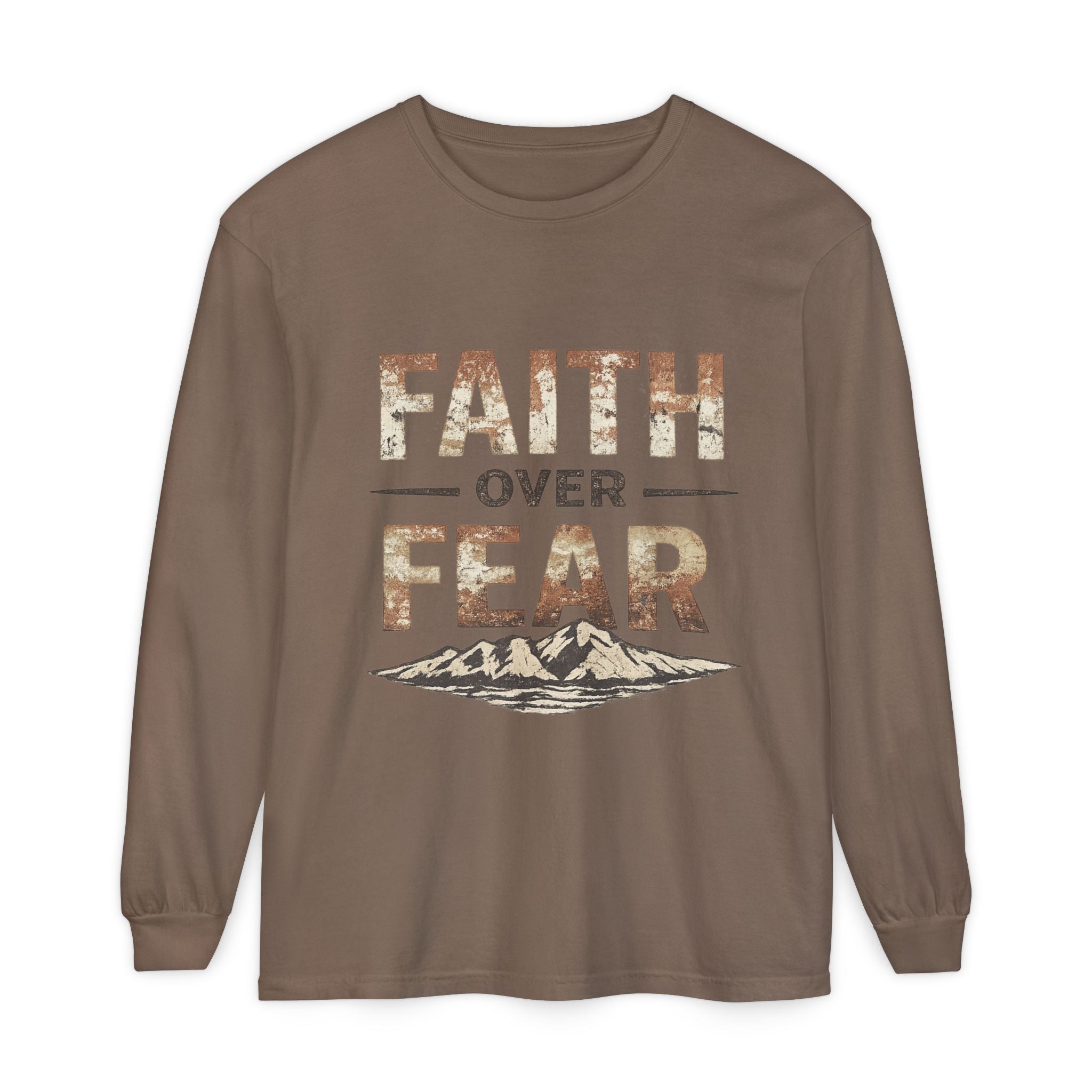 Faith Over Fear Long Sleeve Tee — Inspirational Mountain Graphic