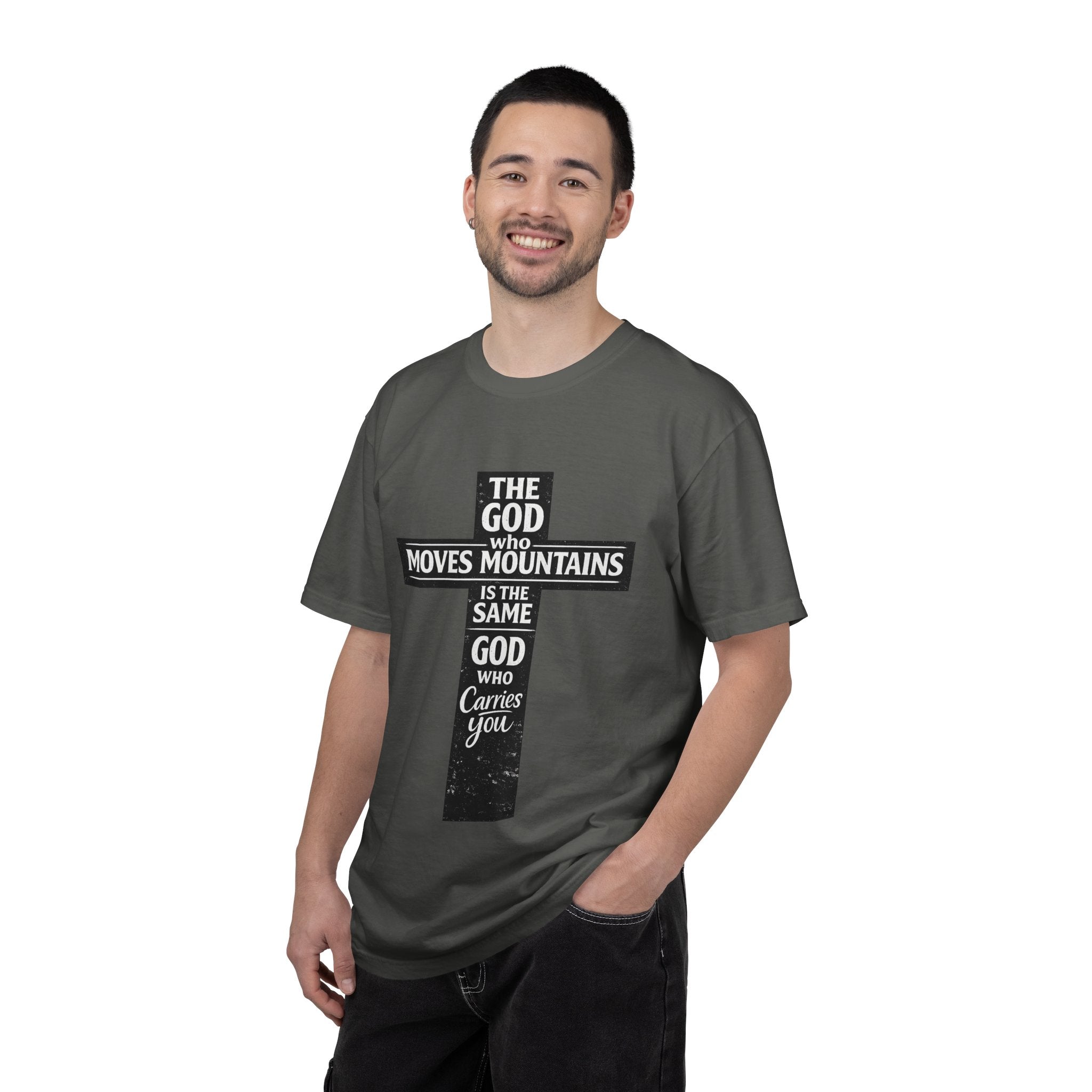Christian Cross T-Shirt — "The God Who Moves Mountains is the Same God Who Carries You" Inspirational Faith Tee