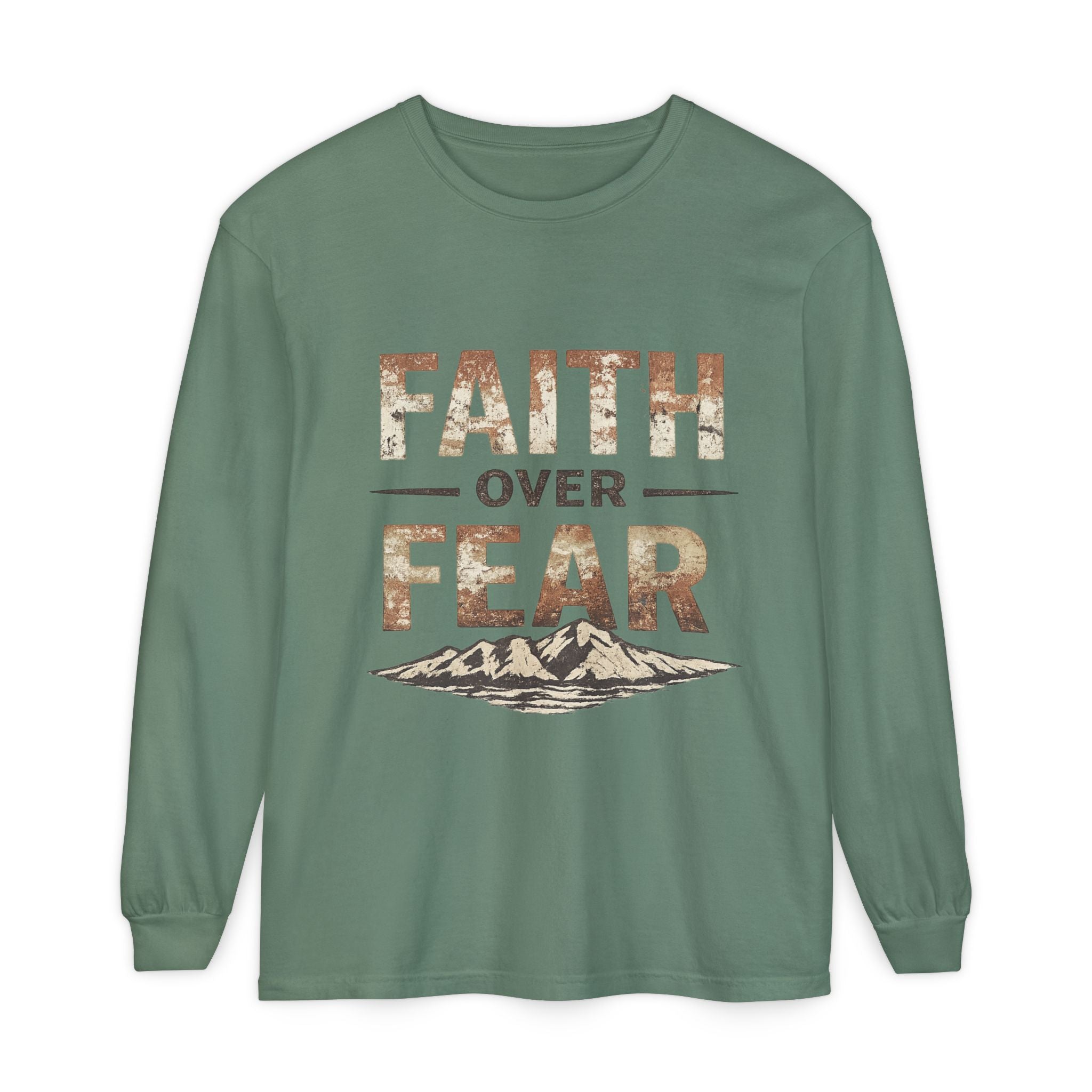 Faith Over Fear Long Sleeve Tee — Inspirational Mountain Graphic
