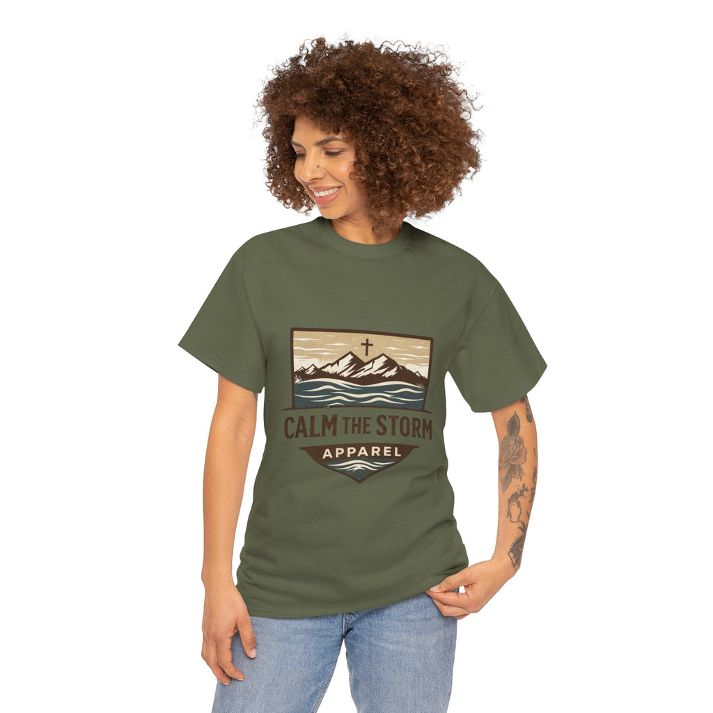 Calm the Storm Graphic Tee — Mountains & Cross Christian Outdoor Shirt