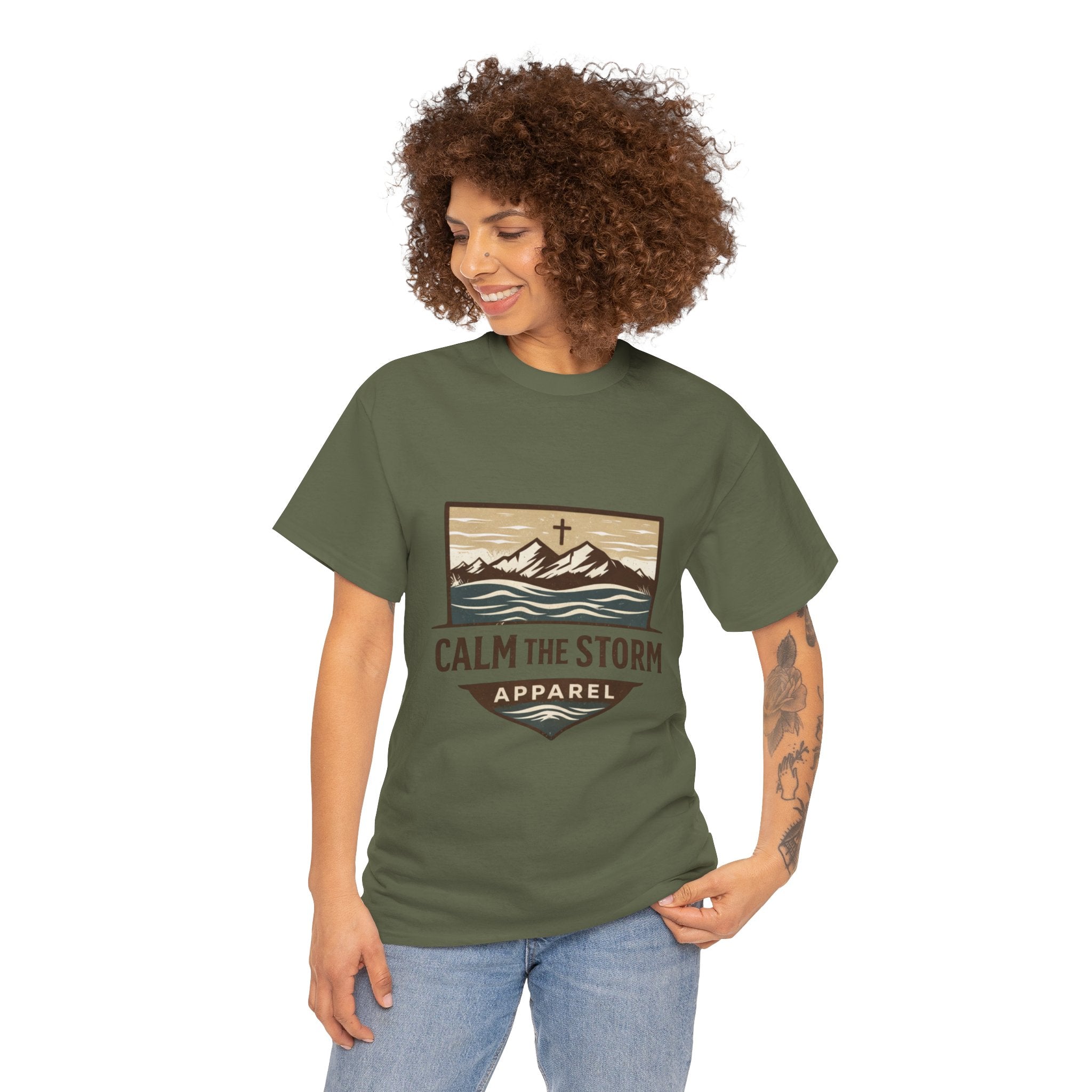 Calm the Storm Graphic Tee — Mountains & Cross Christian Outdoor Shirt