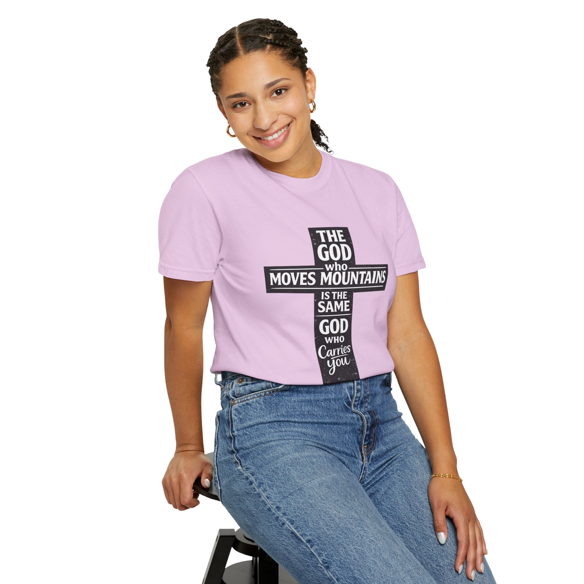 Christian Cross T-Shirt — "The God Who Moves Mountains is the Same God Who Carries You" Inspirational Faith Tee