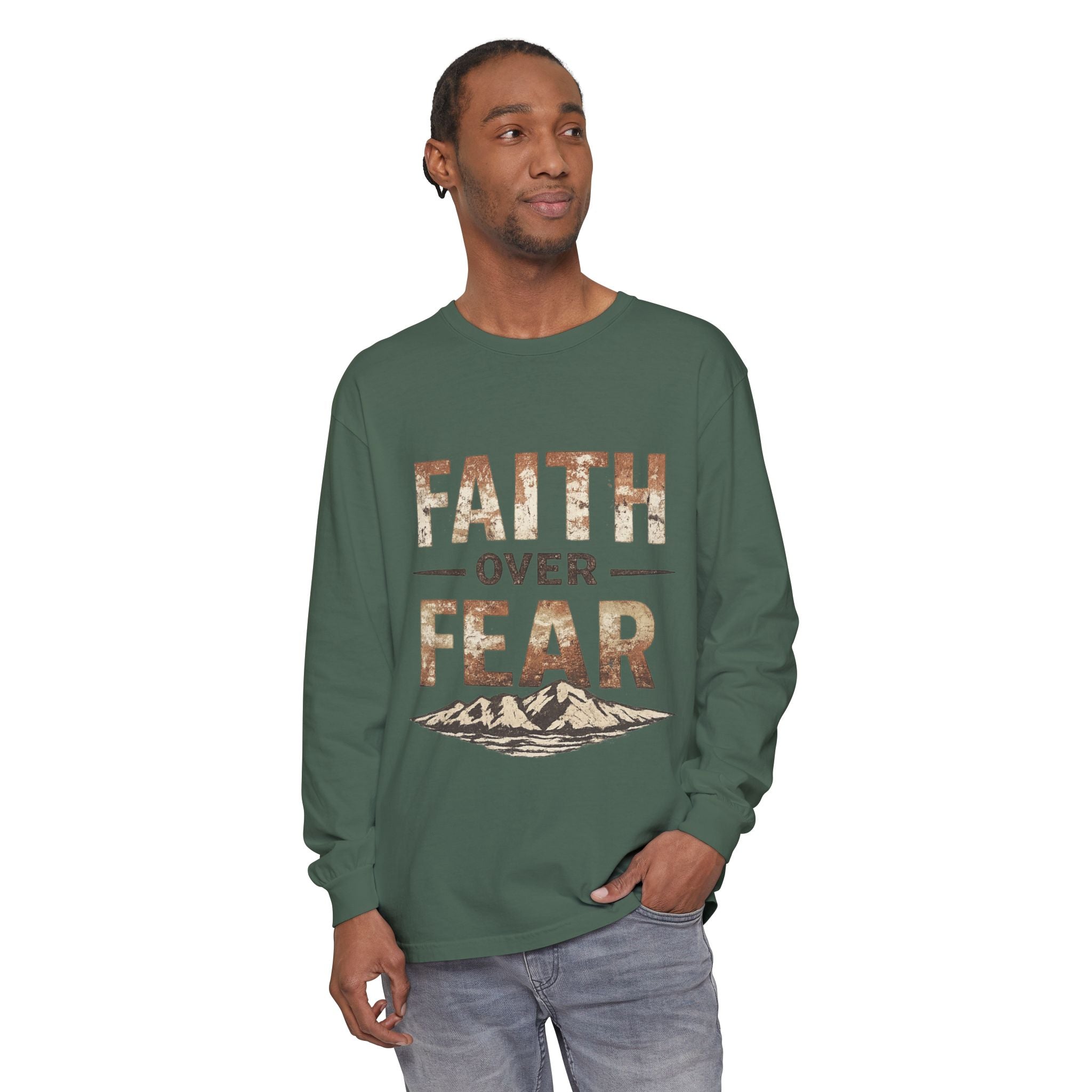 Faith Over Fear Long Sleeve Tee — Inspirational Mountain Graphic