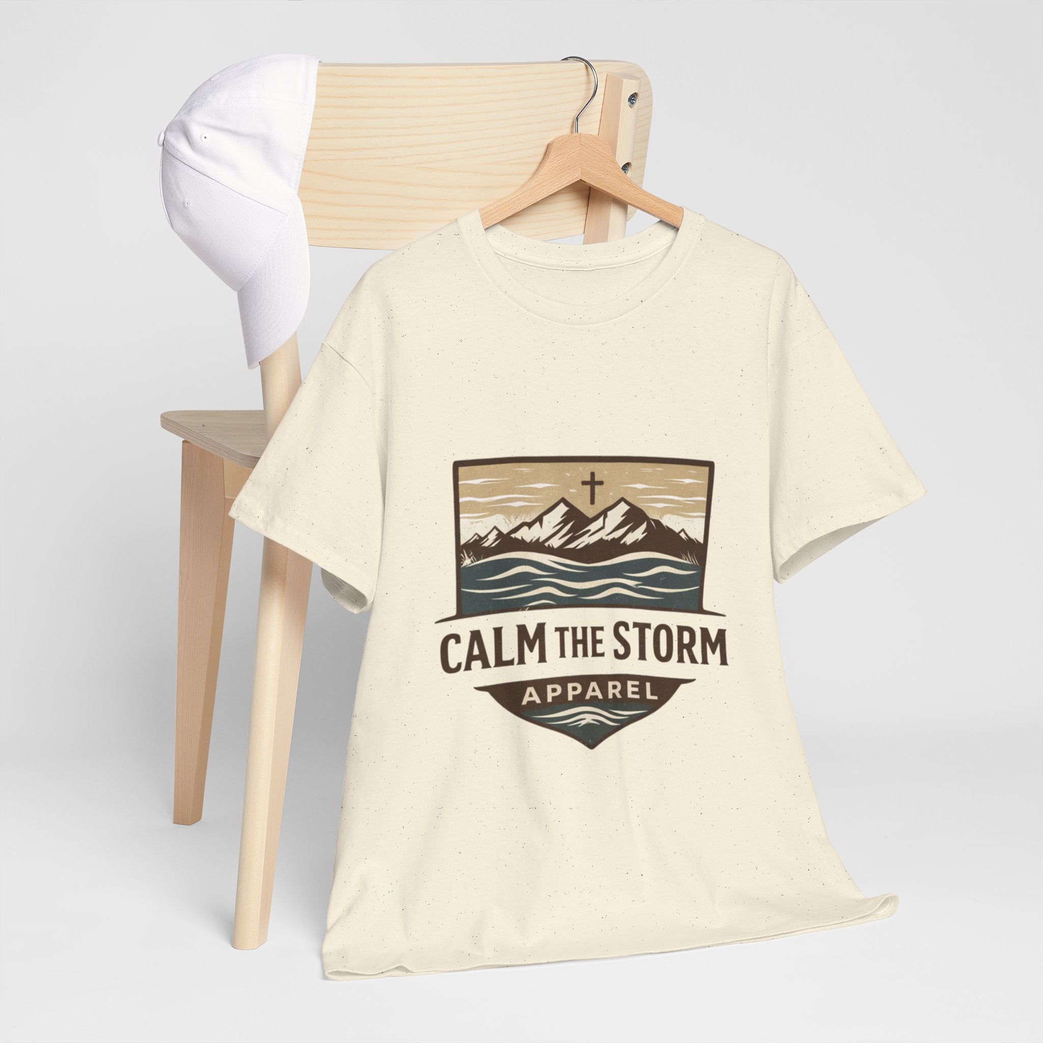Calm the Storm Graphic Tee — Mountains & Cross Christian Outdoor Shirt