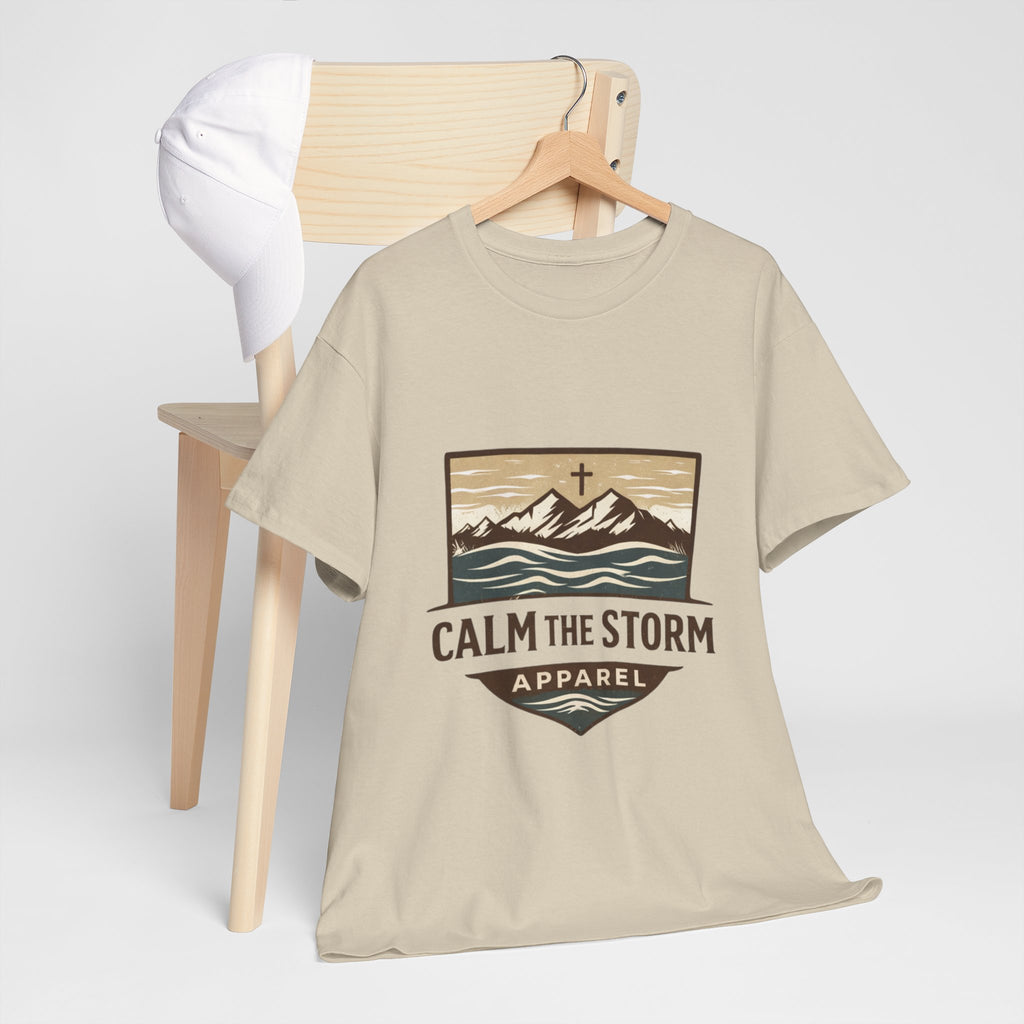 Calm the Storm Graphic Tee — Mountains & Cross Christian Outdoor Shirt
