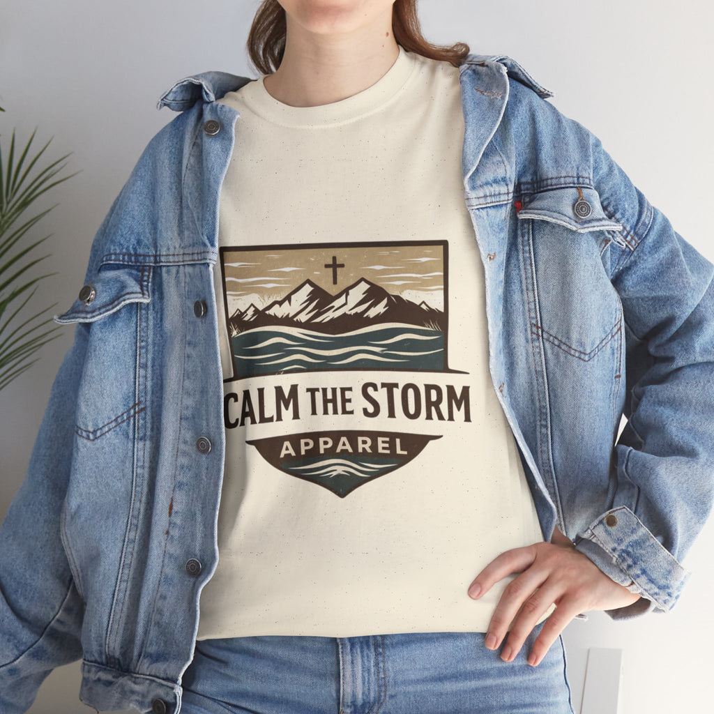 Calm the Storm Graphic Tee — Mountains & Cross Christian Outdoor Shirt