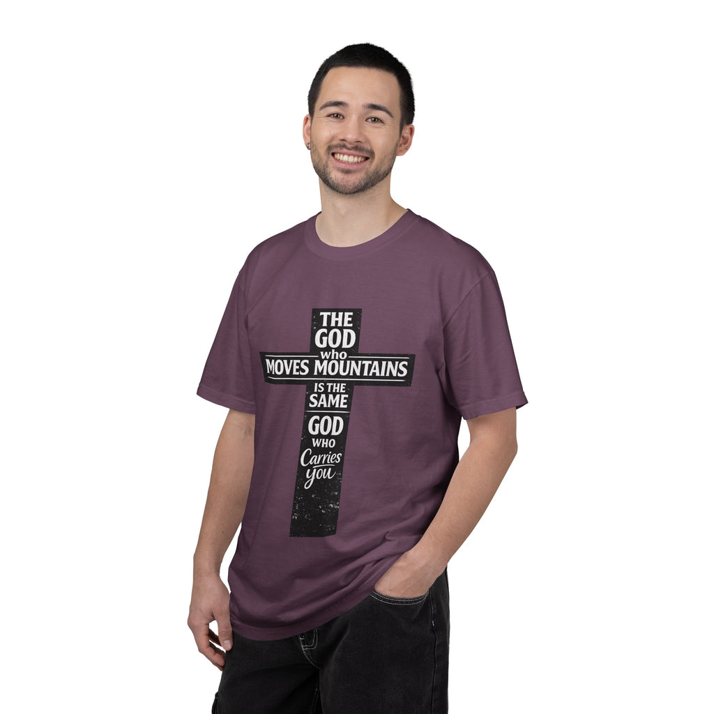 Christian Cross T-Shirt — "The God Who Moves Mountains is the Same God Who Carries You" Inspirational Faith Tee