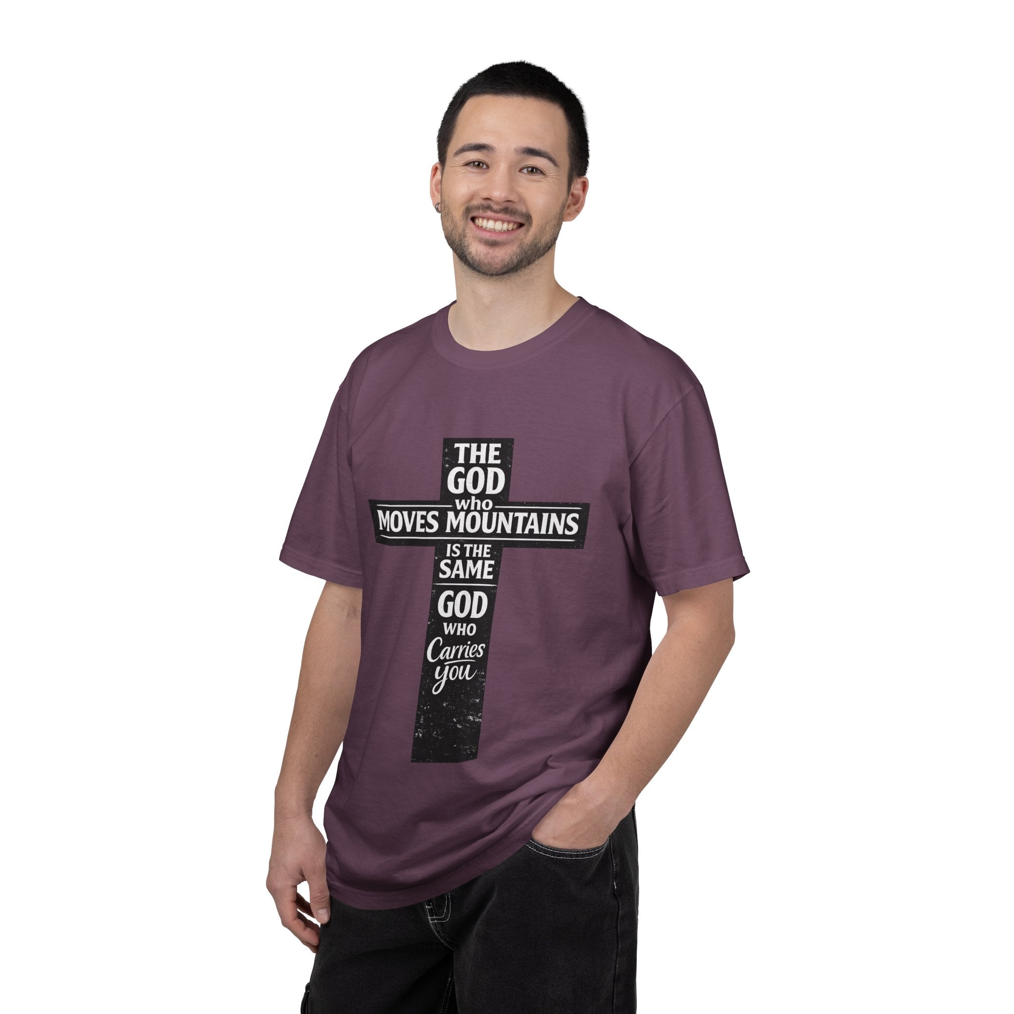 Christian Cross T-Shirt — "The God Who Moves Mountains is the Same God Who Carries You" Inspirational Faith Tee