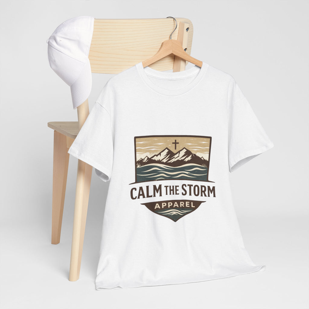 Calm the Storm Graphic Tee — Mountains & Cross Christian Outdoor Shirt
