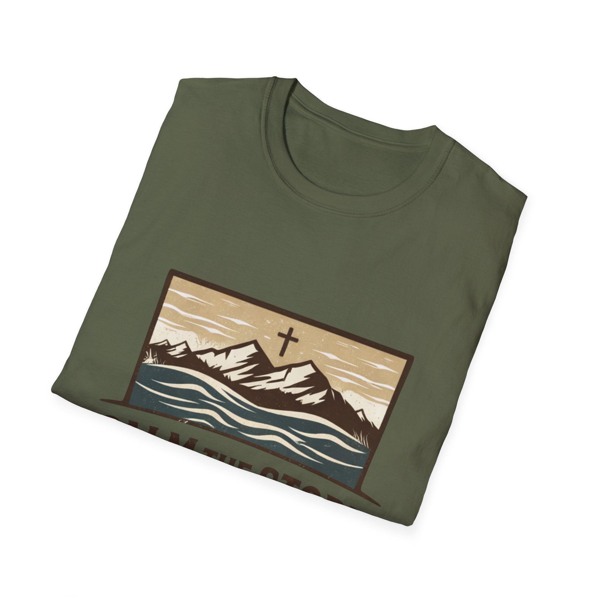 Calm The Storm Mountain Tee — Christian Cross Outdoor Graphic T-Shirt