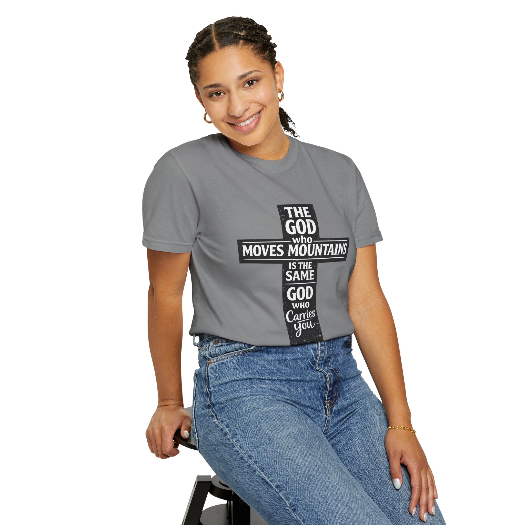 Christian Cross T-Shirt — "The God Who Moves Mountains is the Same God Who Carries You" Inspirational Faith Tee