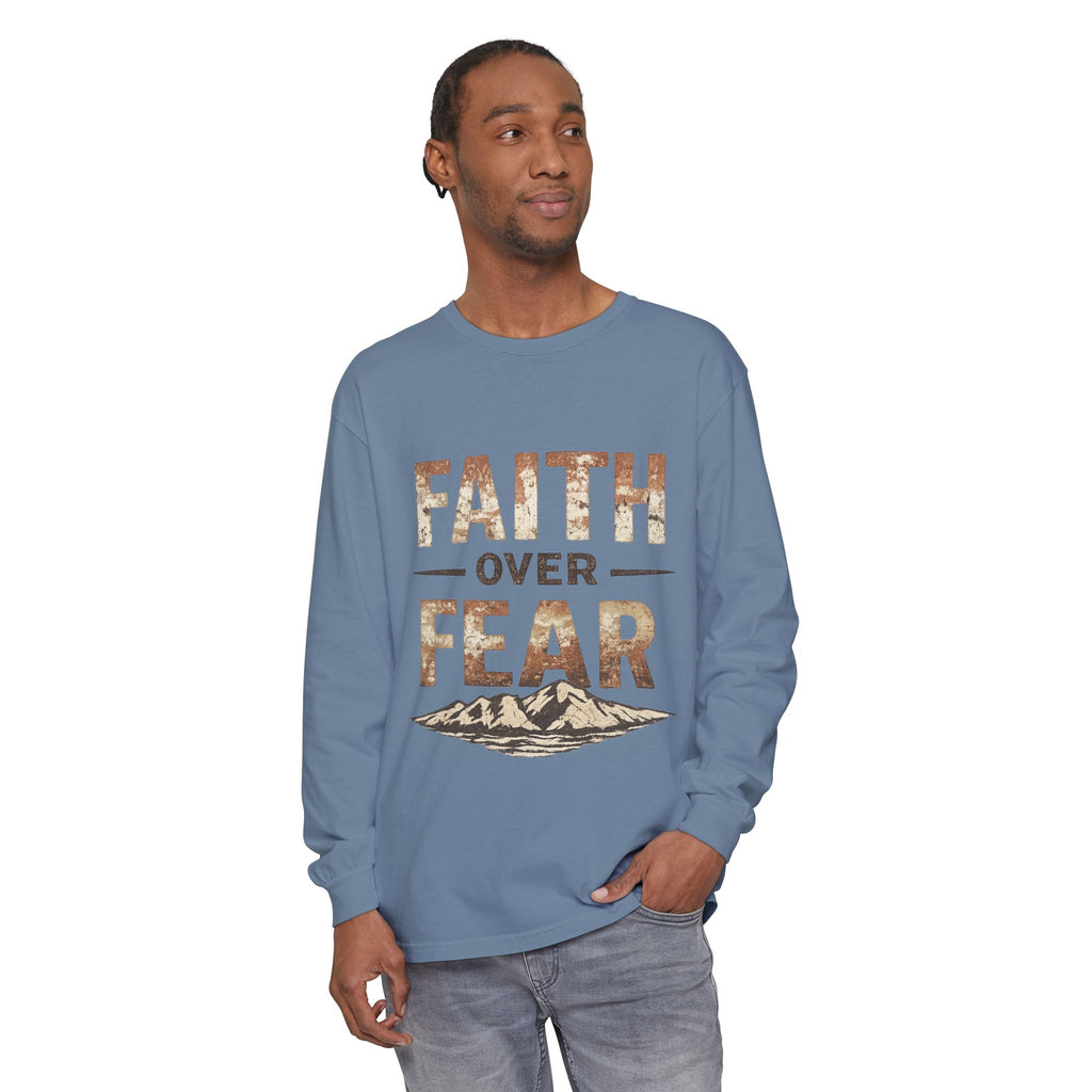 Faith Over Fear Long Sleeve Tee — Inspirational Mountain Graphic