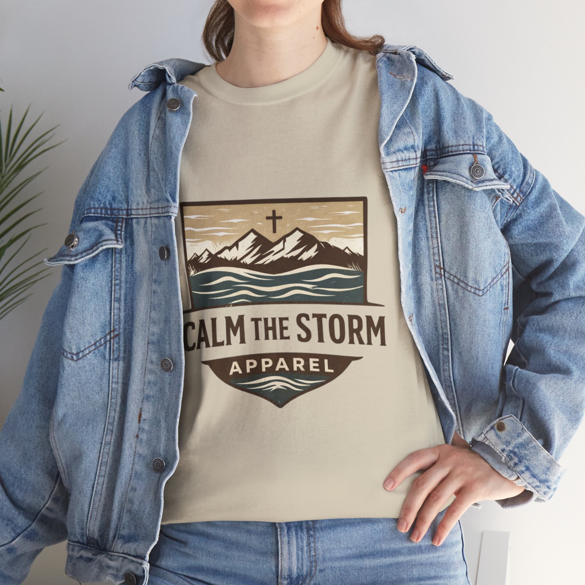 Calm the Storm Graphic Tee — Mountains & Cross Christian Outdoor Shirt