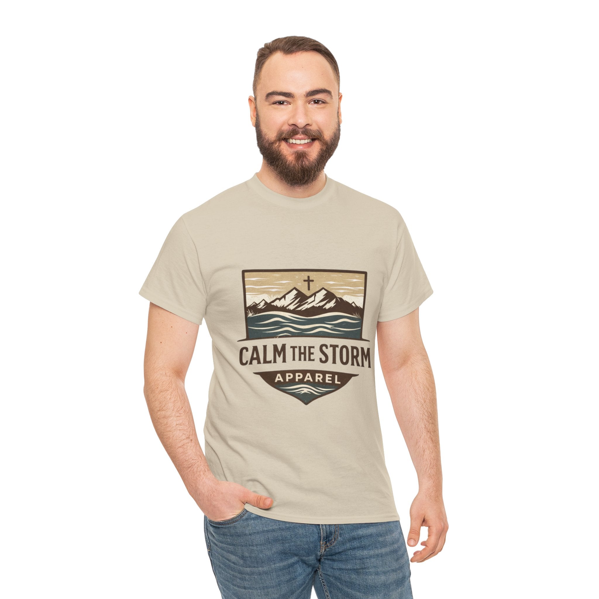 Calm the Storm Graphic Tee — Mountains & Cross Christian Outdoor Shirt