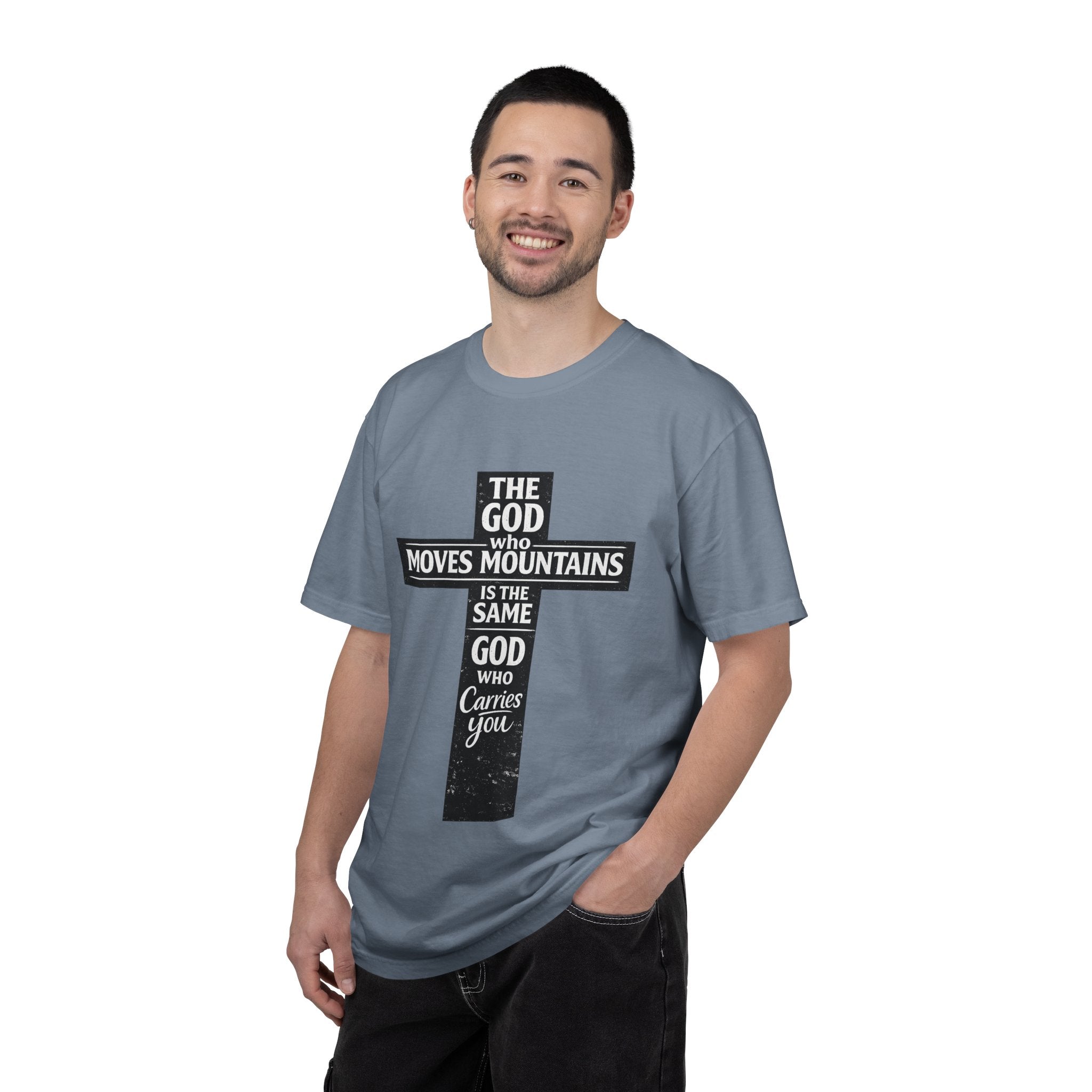 Christian Cross T-Shirt — "The God Who Moves Mountains is the Same God Who Carries You" Inspirational Faith Tee
