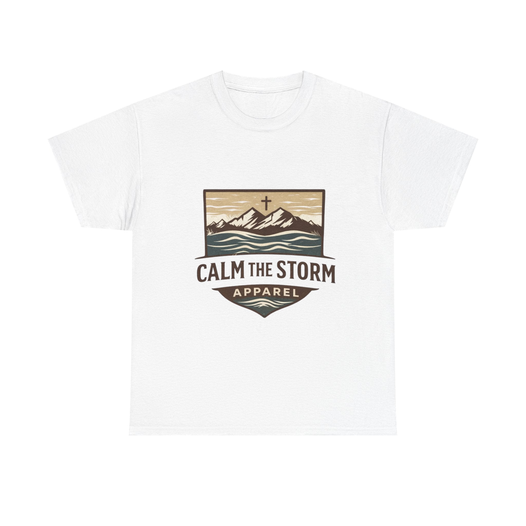 Calm the Storm Graphic Tee — Mountains & Cross Christian Outdoor Shirt